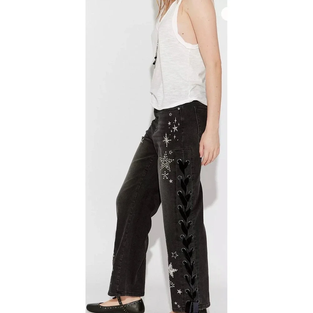 Driftwood Lacy Celestial‎ Embroidered Lace Up Side Wide Leg Jeans Black Size 28